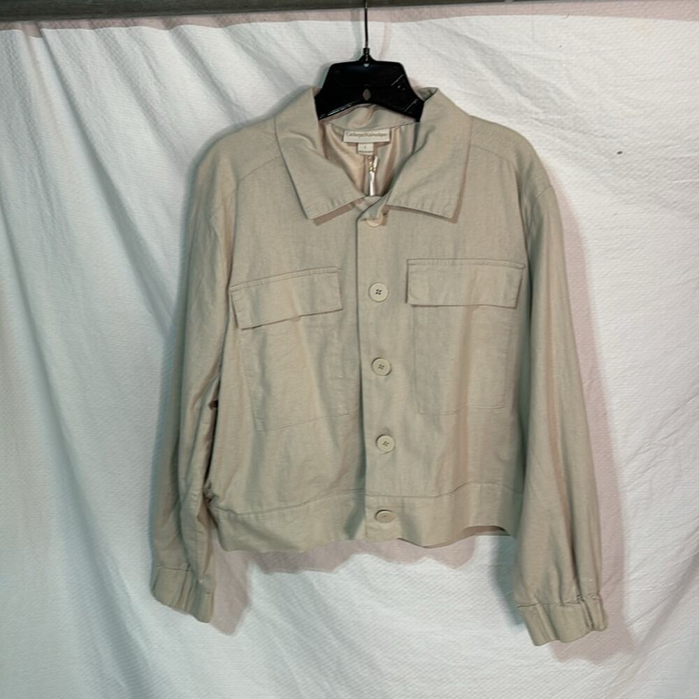 Catherine Malandrino L tan linen cotton lined button down modern jacket nwt